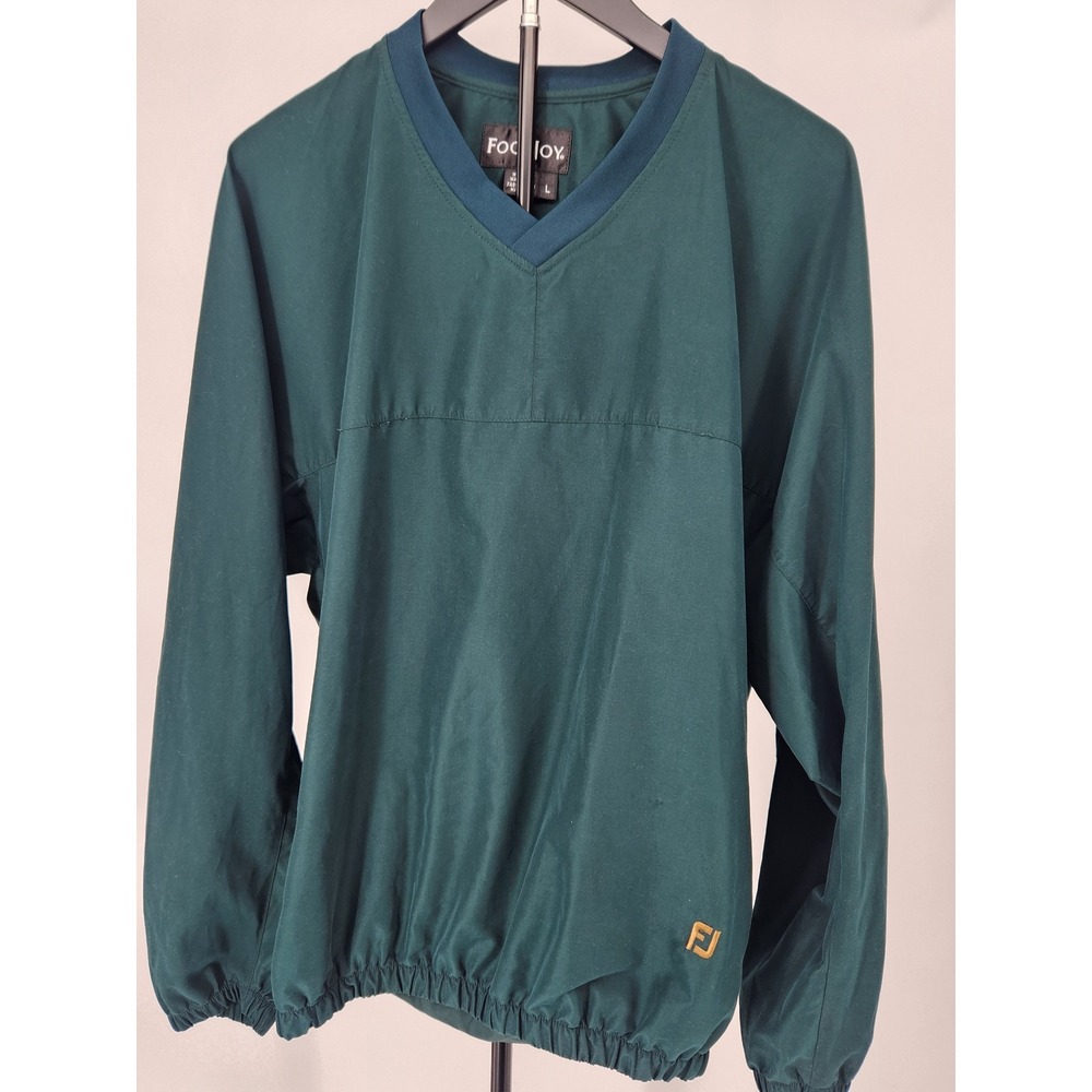 FootJoy Mens V-Neck Golf Windshirt Pullover Green Large FJ Logo Pockets